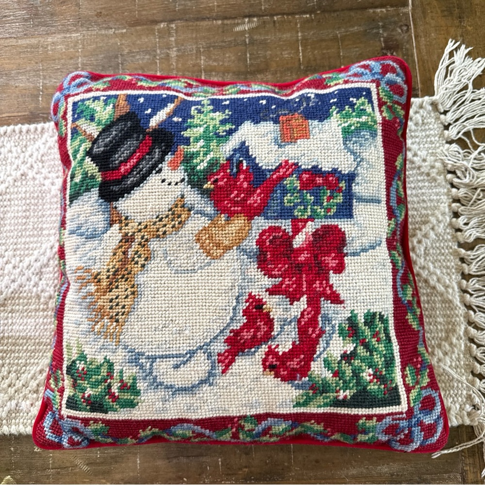 Snowman Wool Vintage Needlepoint Holiday Pillow - Red, Blue, Green